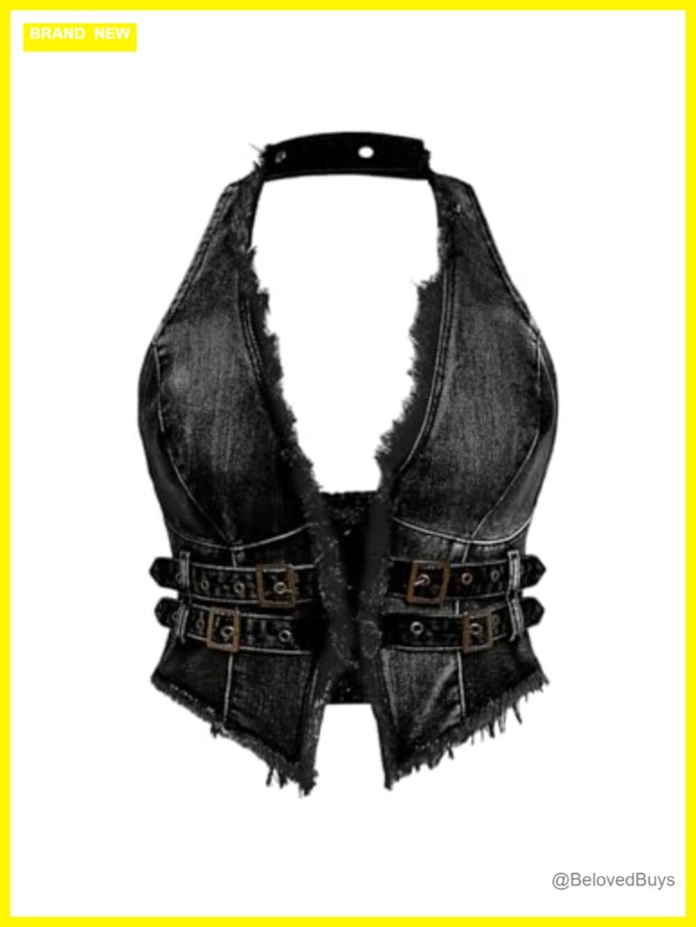 Plus Size Frayed Denim Halter Top Buckle Backless Punk Hippie Crop Top